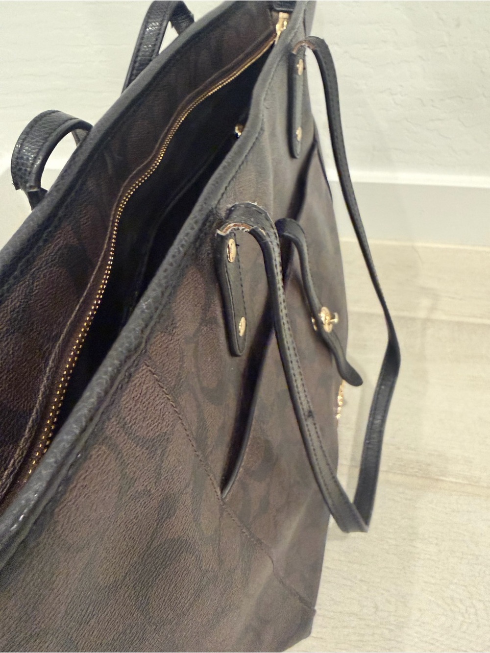 Coach Brown Signature Canvas Tote with Black Accents and Gold Hardware - Picture 6 of 7
